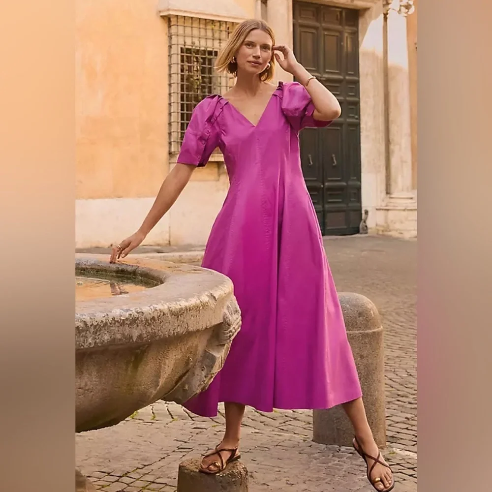 purple dress loft LOFT | Dresses | Nwt Loft Vibrant Purple Button Sleeve Midi Pocket Dress  Size 2